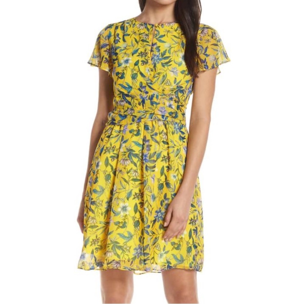 Sam Edelman Yellow Blue Ruffled Wrap Mini Dress